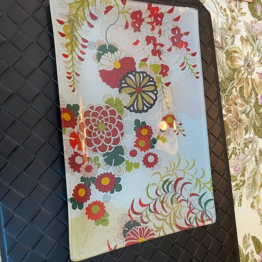 Vintage Glass Rectangle Tray with Colorful Flower Print Design